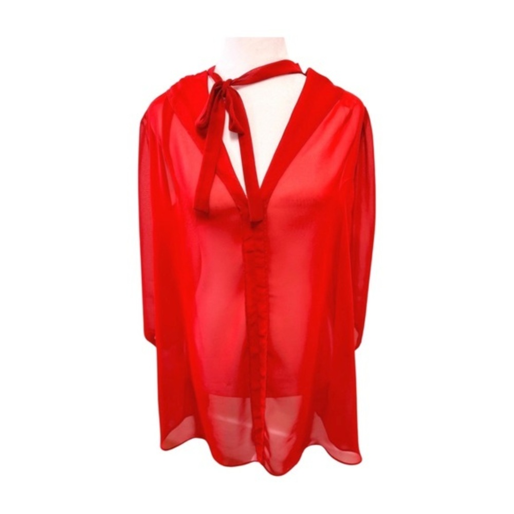 Kami Long Sleeve Red Sheer Blouse with Bow Tie-Size Small
